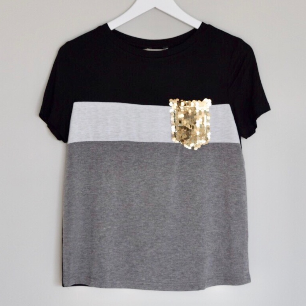 Black/White/Gray Striped Tee w/ Gold Sequin Pocket
